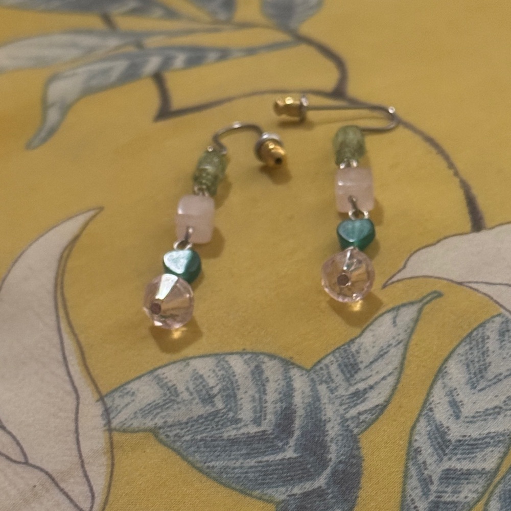 Vintage Green and Pink Beaded Dangle Earrings